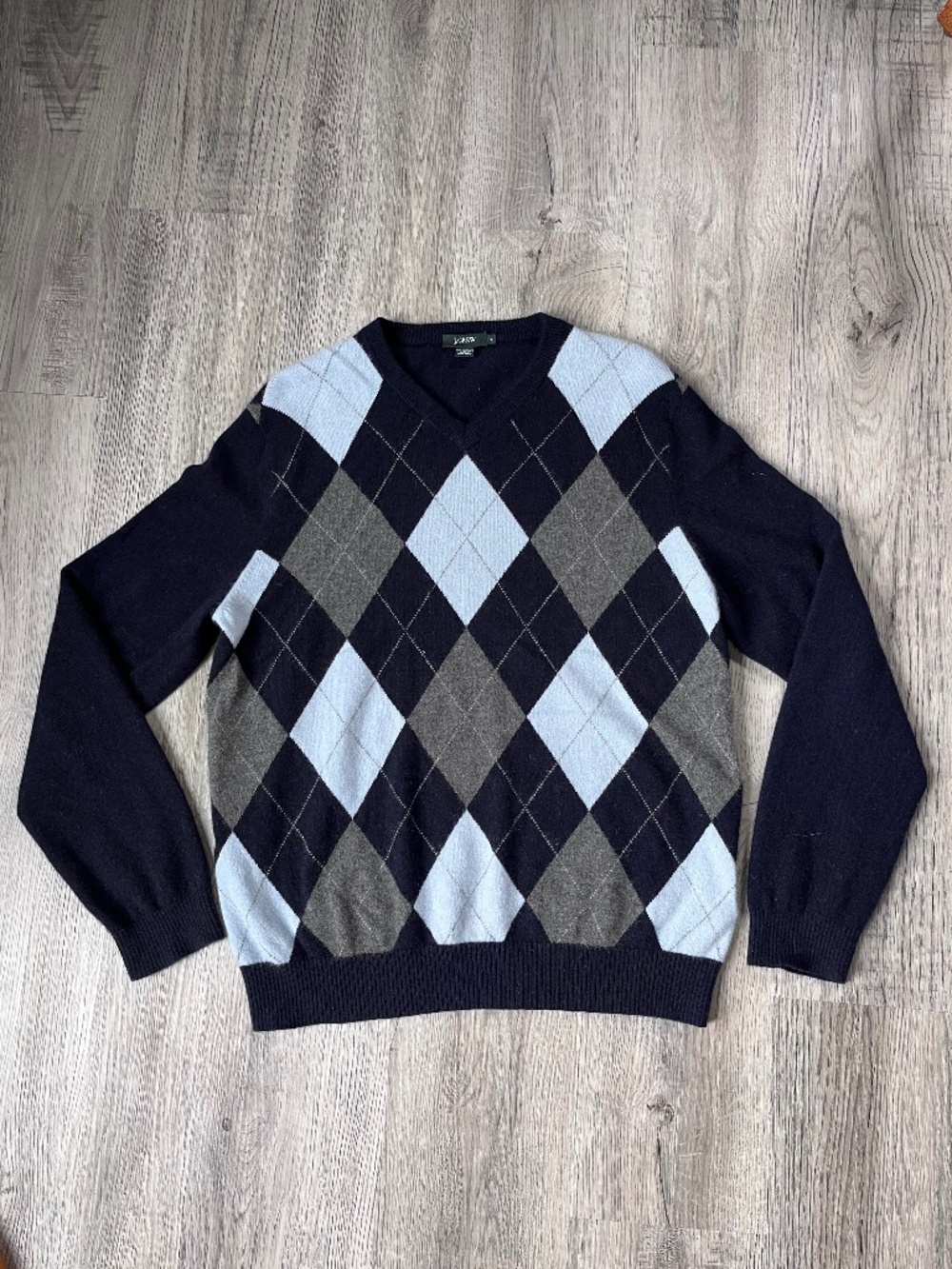 J. Crew Argyle Sweater Men’s XL Blue V-Neck Pullover Cotton Cashmere Preppy